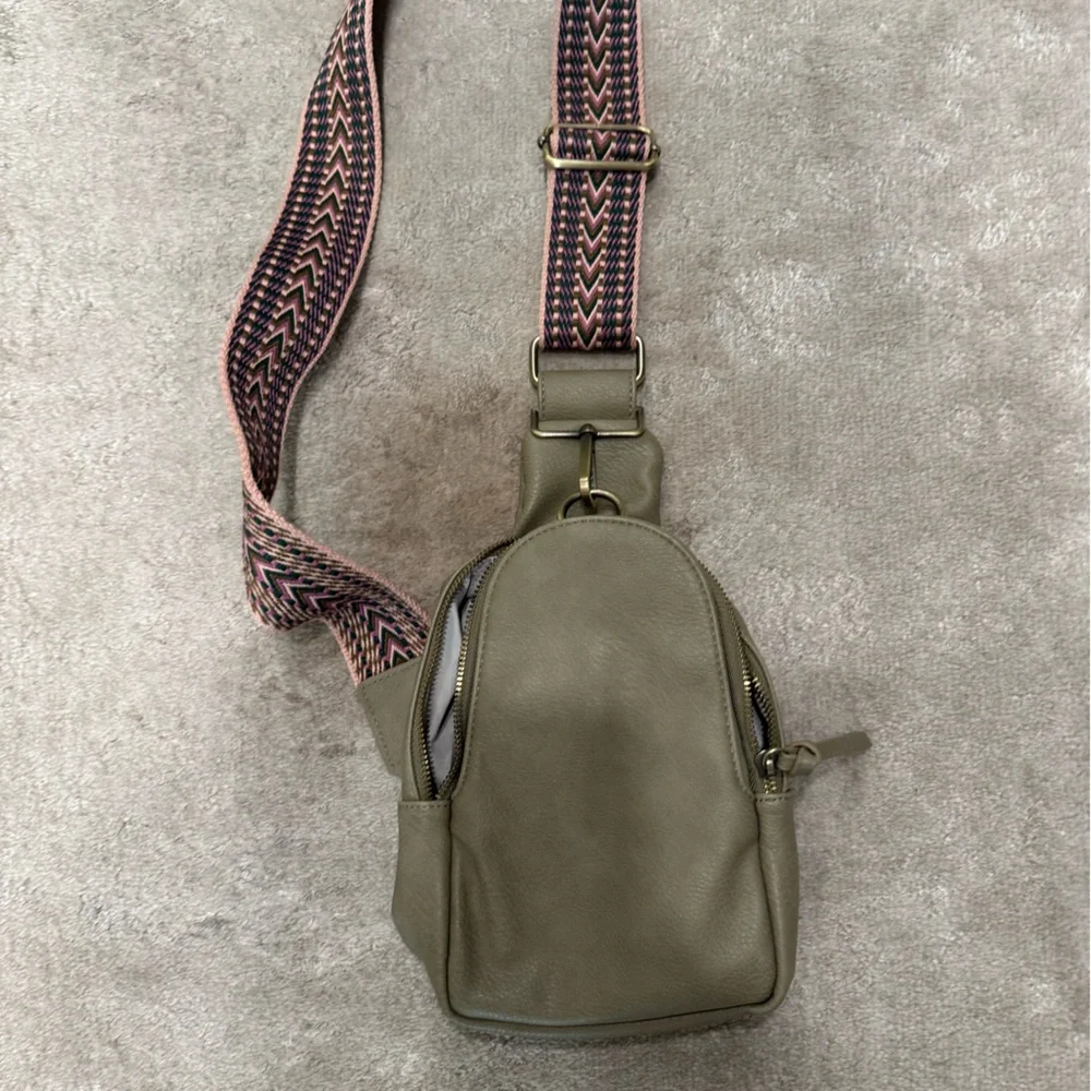 Olive Green Crossbody Bag with Patterned Strap - Picture 2 of 2